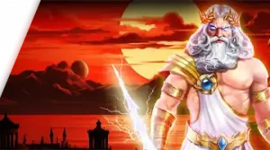 Image featuring Zeus holding a lightning bolt at sunset, promoting the Gods Gifts Tournament at 7K Casino with a mythological theme.