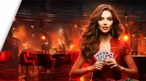 Image featuring a female character in a red dress, holding cards in a casino setting, promoting the welcome bonus at 7K Casino.