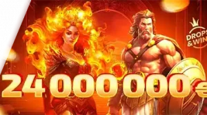 Image promoting the 24 million euro prize pool for the Drops & Wins Pragmatic Tournament at 7K Casino, featuring Greek gods in an intense scene.