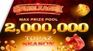 Image promoting the Spinoleague Topaz Season Tournament at 7K, showcasing the 2 million euro prize pool in a fiery scene.