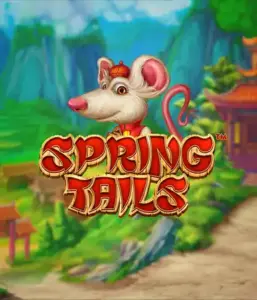 An enchanting illustration of a mouse wearing a red traditional Chinese outfit standing in a scenic landscape with mountains. The image is for the Spring Tails game by Betsoft, showcased with prominent gold and red logo text.