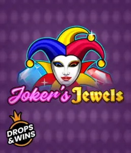 Enjoy the vibrant ambiance of the Joker's Jewels game by Pragmatic Play, featuring a mesmerizing joker's mask decorated with a brightly colored jester hat. This image conveys the joyful spirit of casino gaming, set against a purple background. Ideal for fans of joker-themed slots, offering a delightful play experience. 